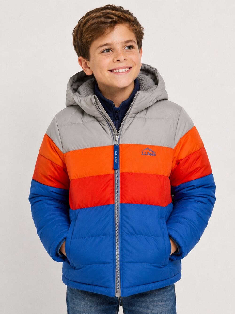 L.L.Bean Kids Down Puffer Jacket Retro Colorblock Hooded Kids M 10-12 DownTek